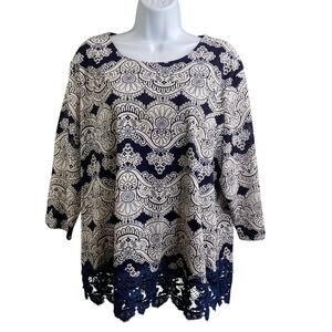 TT Tung Tai Women's Blue Paisley Lace Hem Top Size 48 Dark Fairy Regal Elegant